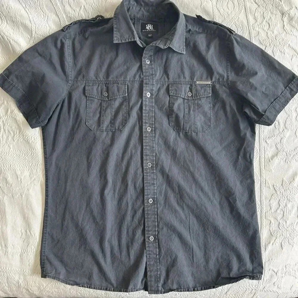Rock & Republic Shirt Mens Large Black/Gray 100% Cotton Poplin Pockets Button-Up - Picture 1 of 9